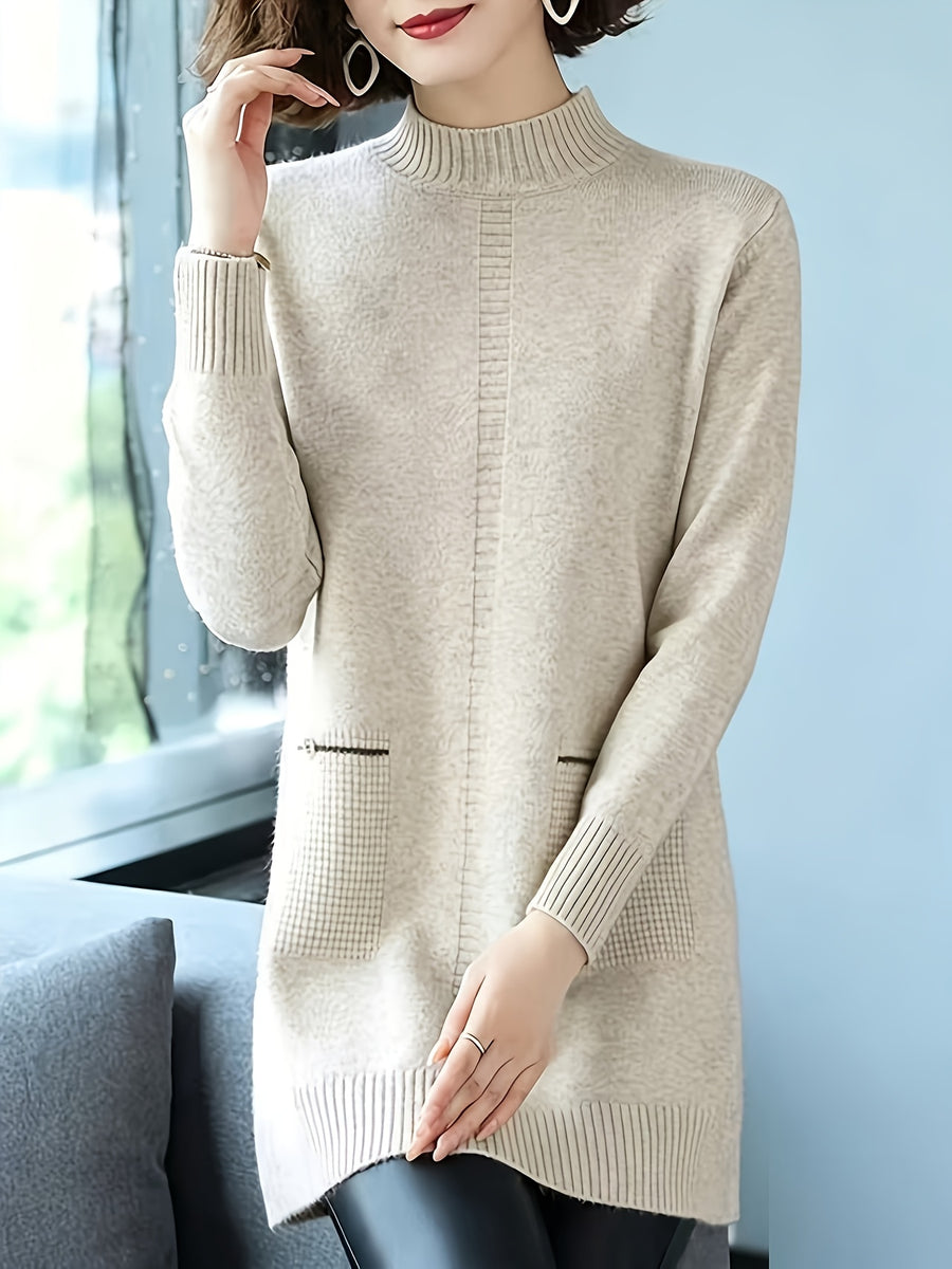 Women'S Half-Turtleneck Mid-Length Dress, 2026 Autumn/Winter New Style Loose Base Layer Sweater - Beige Color