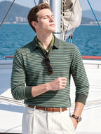 Men's Autumn/Winter Long-Sleeve Polo Shirt, Warm, Classic Striped, Simple and Elegant, Breathable, for Outdoor Wear, Skin-Friendly, with Lapel, Versatile, Ideal for Commuting and Business - Green