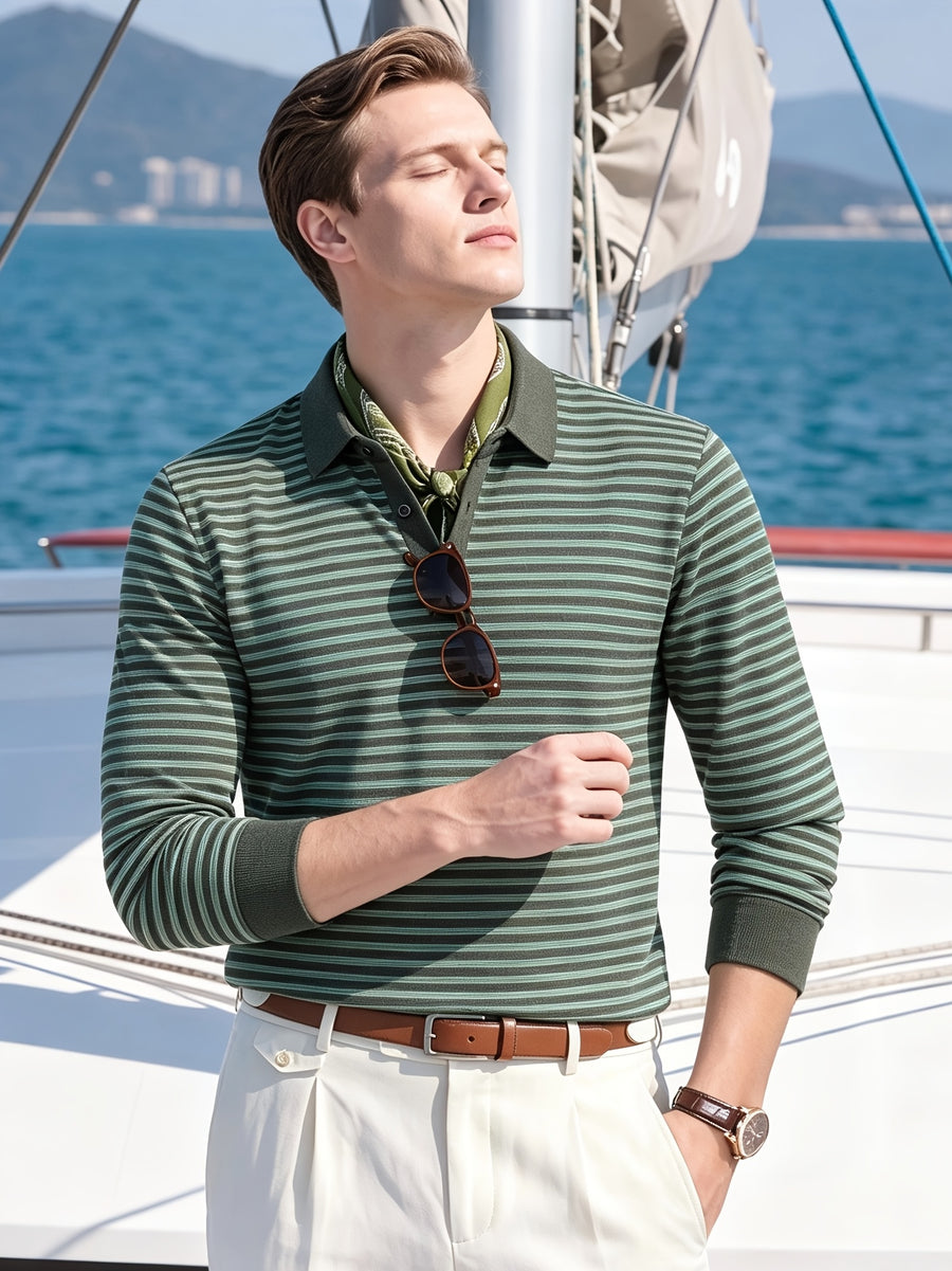Men's Autumn/Winter Long-Sleeve Polo Shirt, Warm, Classic Striped, Simple and Elegant, Breathable, for Outdoor Wear, Skin-Friendly, with Lapel, Versatile, Ideal for Commuting and Business - Green
