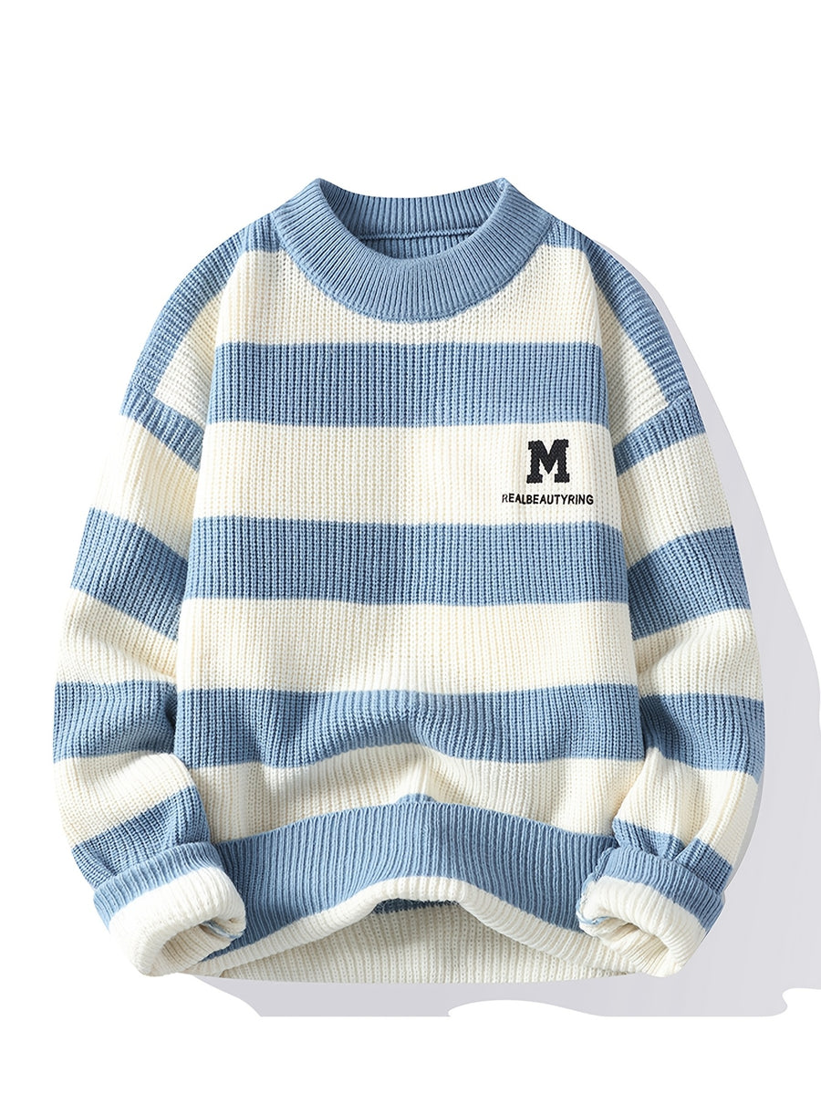 2026 Autumn And Winter Youth Men'S Round Neck Knitted Shirt Multi-Color Splicing Stripe Casual Fashion Versatile Top - Blue