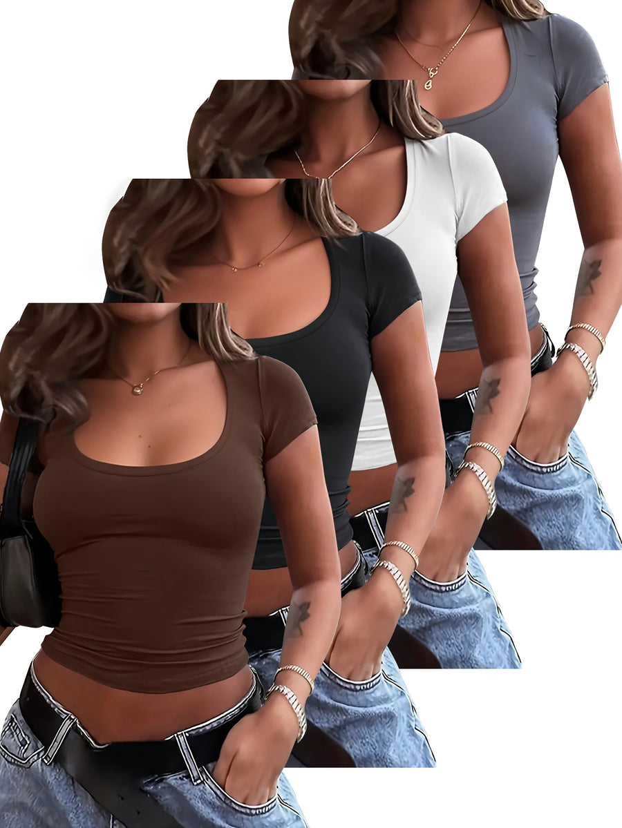 4pcs Set U-Neck Short-Sleeved T-Shirt Women'S Summer New Solid Color Slim Short All-Match Top - Brown+Black+White+Dark Gray