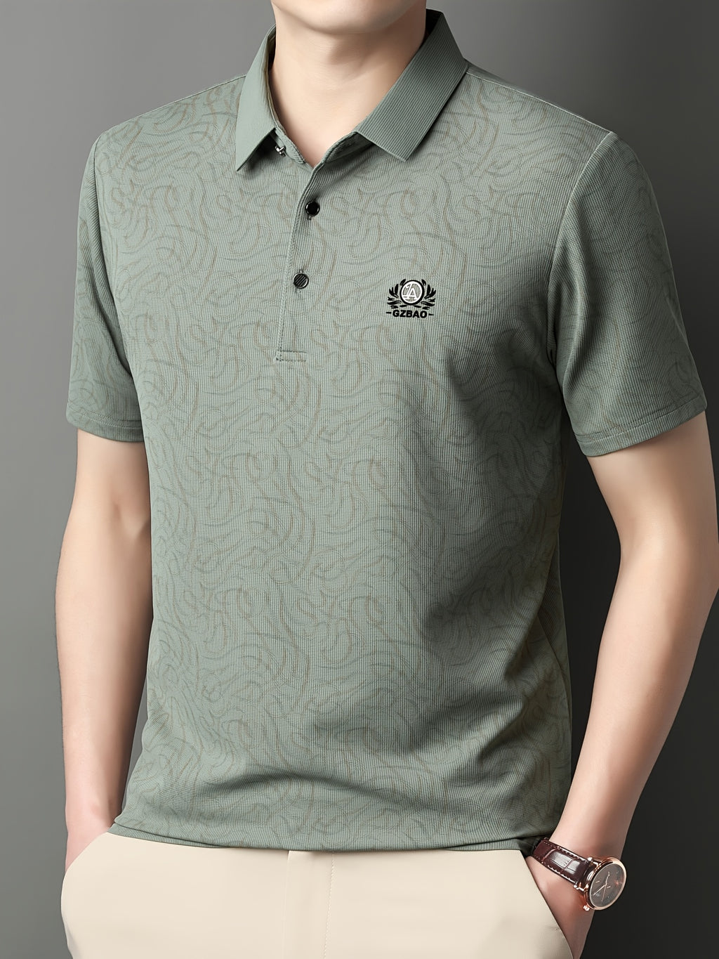 [Saa Xing OBM] 1pc Spring/Autumn New Men'S Polo Shirt, Old Money Style Textured Contrast Print Half-Button Collar Short Sleeve T-Shirt, Fashionable And Versatile Pullover Base Layer Top, Suitable for Spring, Summer, Autumn Wear, Fits Daily Casual - Bean Green