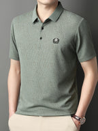 [Saa Xing OBM] 1pc Spring/Autumn New Men'S Polo Shirt, Old Money Style Textured Contrast Print Half-Button Collar Short Sleeve T-Shirt, Fashionable And Versatile Pullover Base Layer Top, Suitable for Spring, Summer, Autumn Wear, Fits Daily Casual - Bean Green