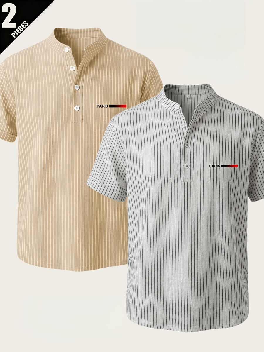 2pcs Men'S Striped Henley Shirt Set, PARIS Chest Print Short Sleeve Shirt, Lightweight Breathable Regular Fit, Suitable for Casual Wear, Travel, And Layering - White+Khaki