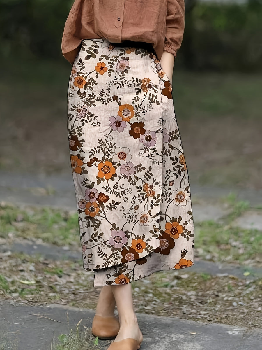 Women's Printed Straight-cut Skirt with Elastic Waist and Pockets - Multicolor