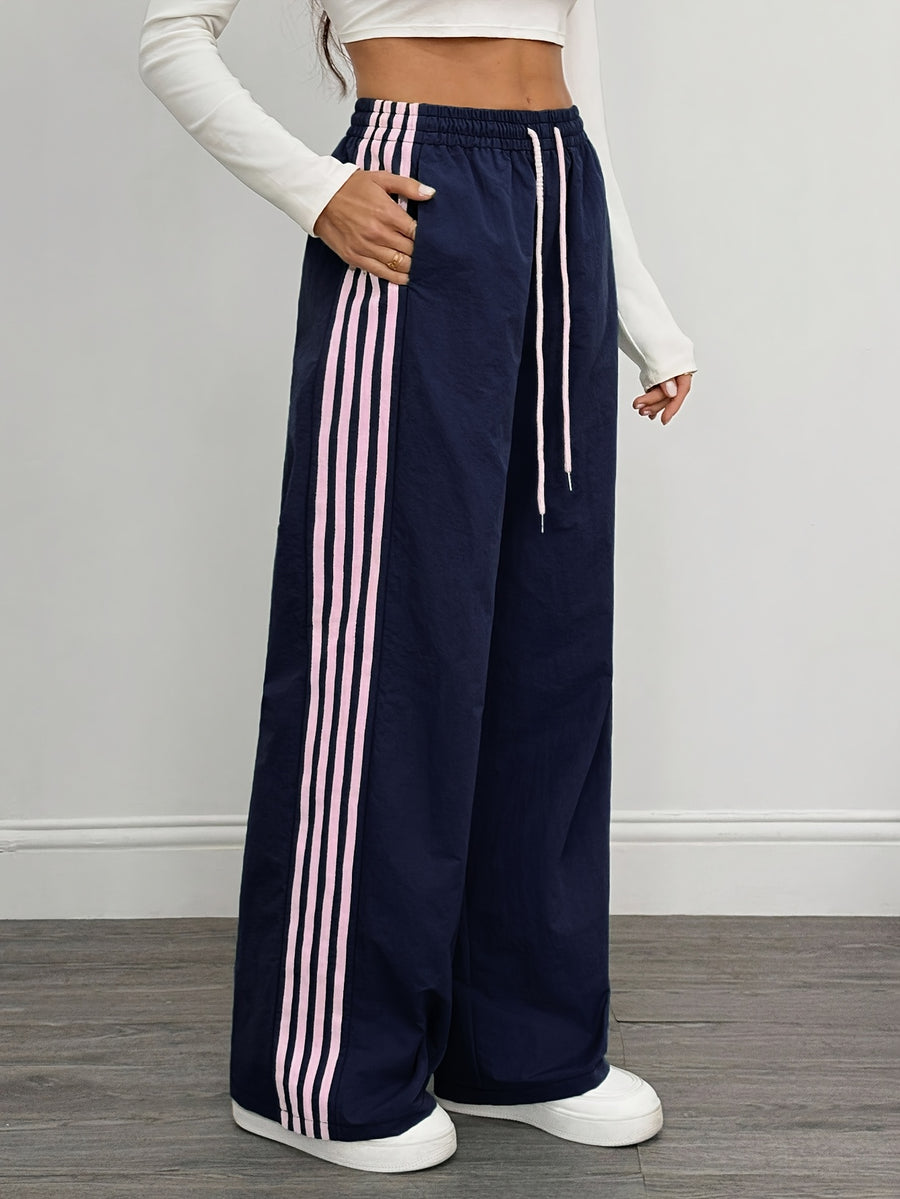 Reading Week Clothing, Back to Season, 1pc 2025 Autumn Winter New Casual Sports Fashion Comfortable Beautiful Color-Blocked Waist Drawstring Women'S Long Pants, Suitable for Holiday Gifts Women'S Apparel - Blue