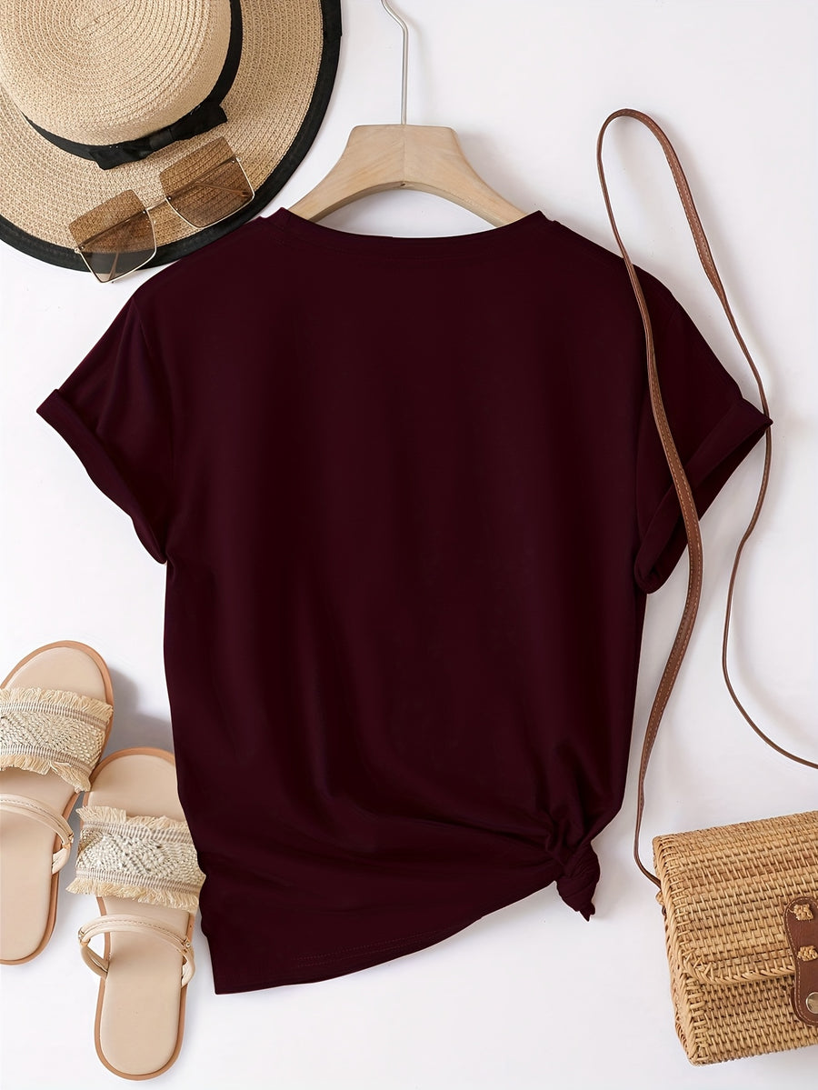 Fashionable Loose-Fitting Versatile Casual Short-Sleeve T-Shirt with Print - Burgundy