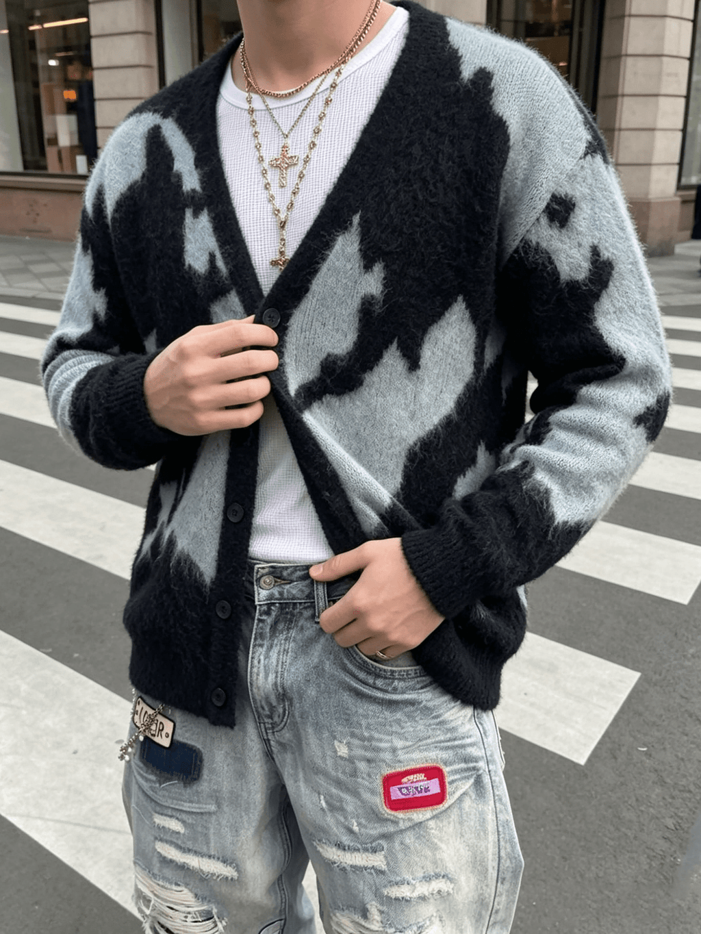 Men'S Open Cardigan Fashion Trendy Casual All-Match Daily Commute Home Button-Up V-Neck Long Sleeve Loose Ribbed Knit Jacket Sweater Autumn Winter Style - Black