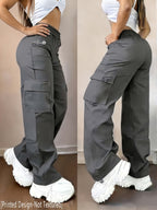 D355- Women'S Casual Pants, Creative Design Floral Print, Fashionable Cargo Pants-Why1526 - Grey