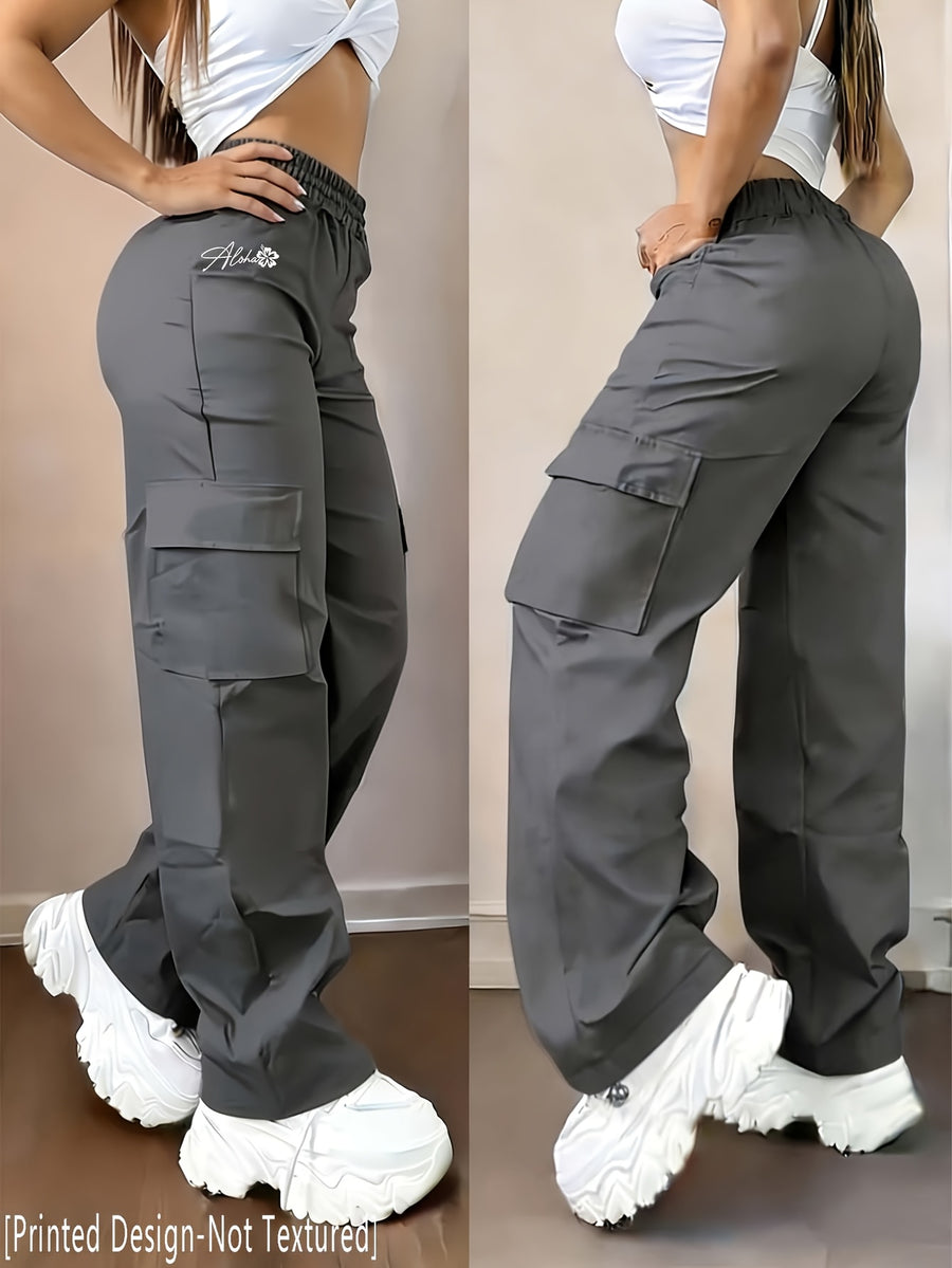 D355- Women'S Casual Pants, Creative Design Floral Print, Fashionable Cargo Pants-Why1526 - Grey