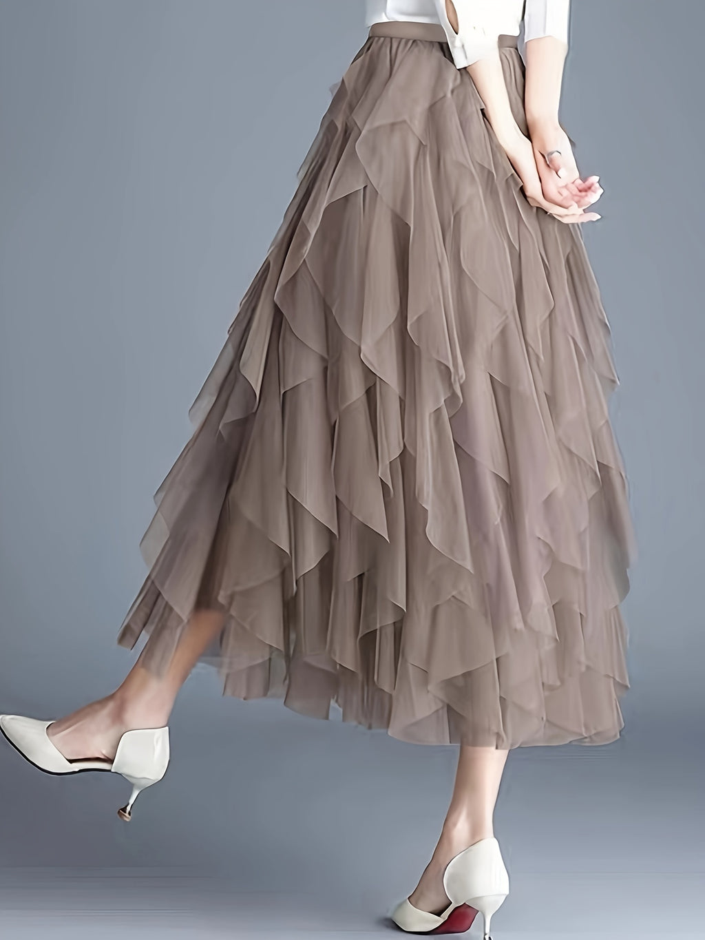 Chic Elegance, Elegant High-Waist A-Line Tulle Skirt for Women - Chic Korean-Style Spring Collection, Sheer Brown Polyester with Delicate Mesh Layers, Perfect for Summer Skirt - Khaki