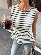Summer Elegant Commute Vacation Date Back Contrast Bow Stripe Round Neck Sleeveless Vest Women'S Clothing - Black And White Stripes