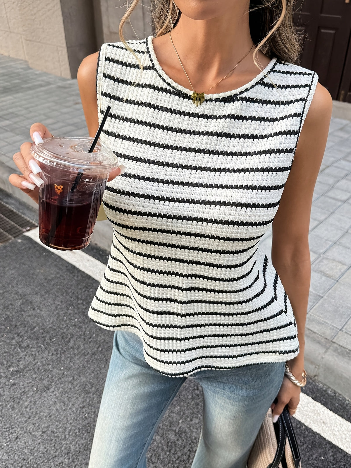 Summer Elegant Commute Vacation Date Back Contrast Bow Stripe Round Neck Sleeveless Vest Women'S Clothing - Black And White Stripes