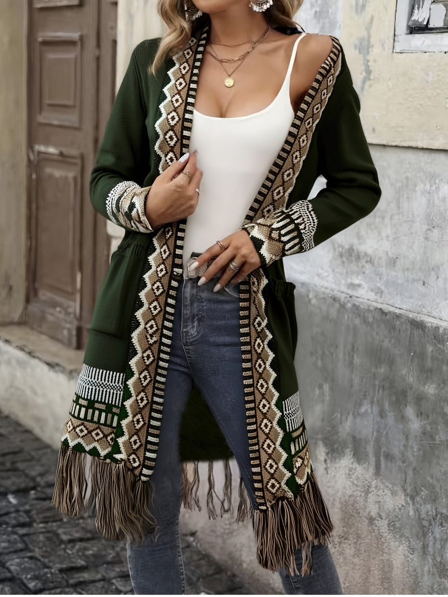 25th Anniversary Sweater Holiday Style New Arrival, Four Seasons Versatile Women's Clothing, Contrast Color Geometric Pattern with Hem Tassel Design, Long Elegant Long Sleeve Cardigan Coat - Dark Green