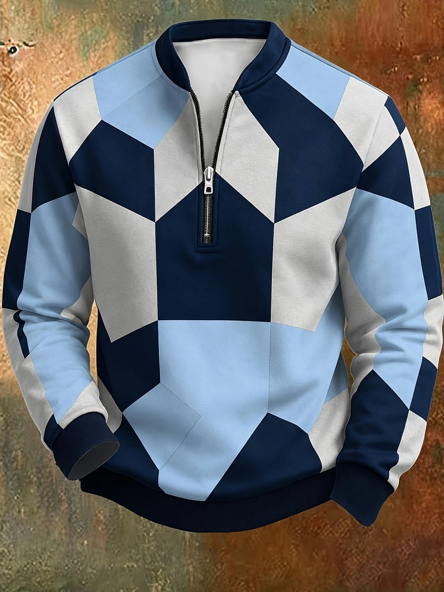 [Print Design - Not Textured] Men'S Retro Geometric Color-Block Digital Print Half-Zip Stand Collar Sweatshirt, Spring/Autumn Loose Casual Top, Daily Commute Outdoor Wear - Mixed Color 4