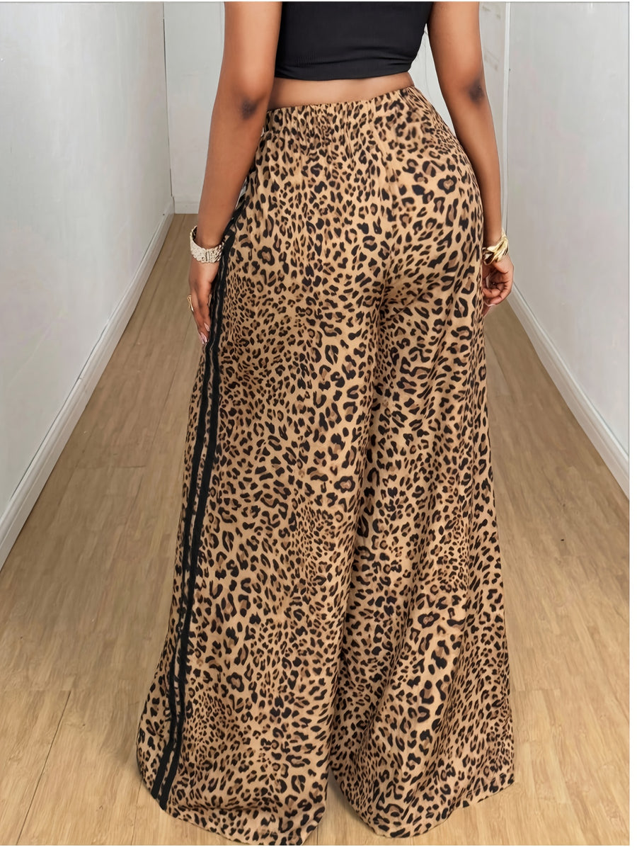 Leopard Print Striped Print Spring Autumn Wide Leg Pants, Fashionable Sexy Straight Leg Trousers Loose Long Pants - Mixed colors
