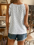 White Background Black Polka Dot Pleated Fabric Drawstring Lace Sleeveless Women'S Halter Neck Suspender - White