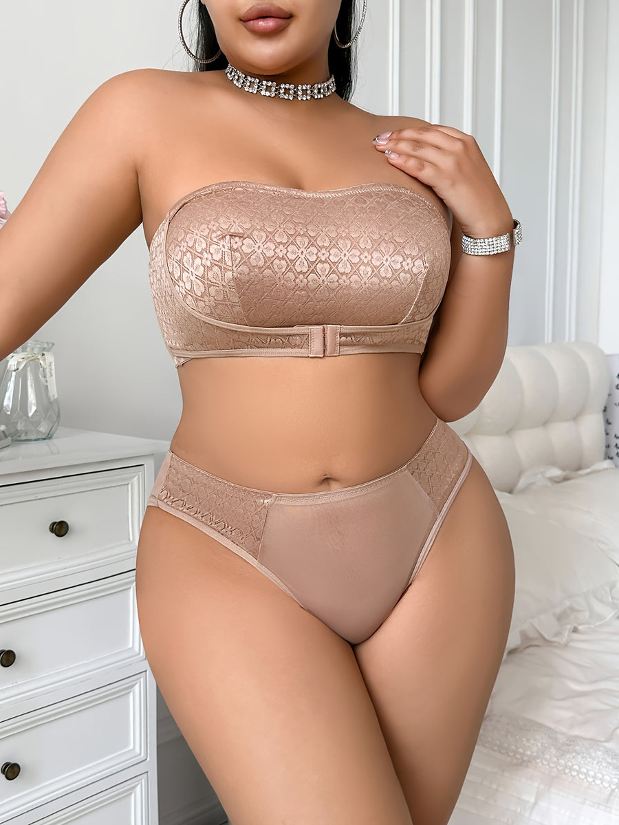 Lace-trimmed Plus Size Women's Bra Set, Wire-Free Unpadded Front-Clasp Bandeau Bra & Briefs, Simple Everyday Lingerie Sets - Apricot