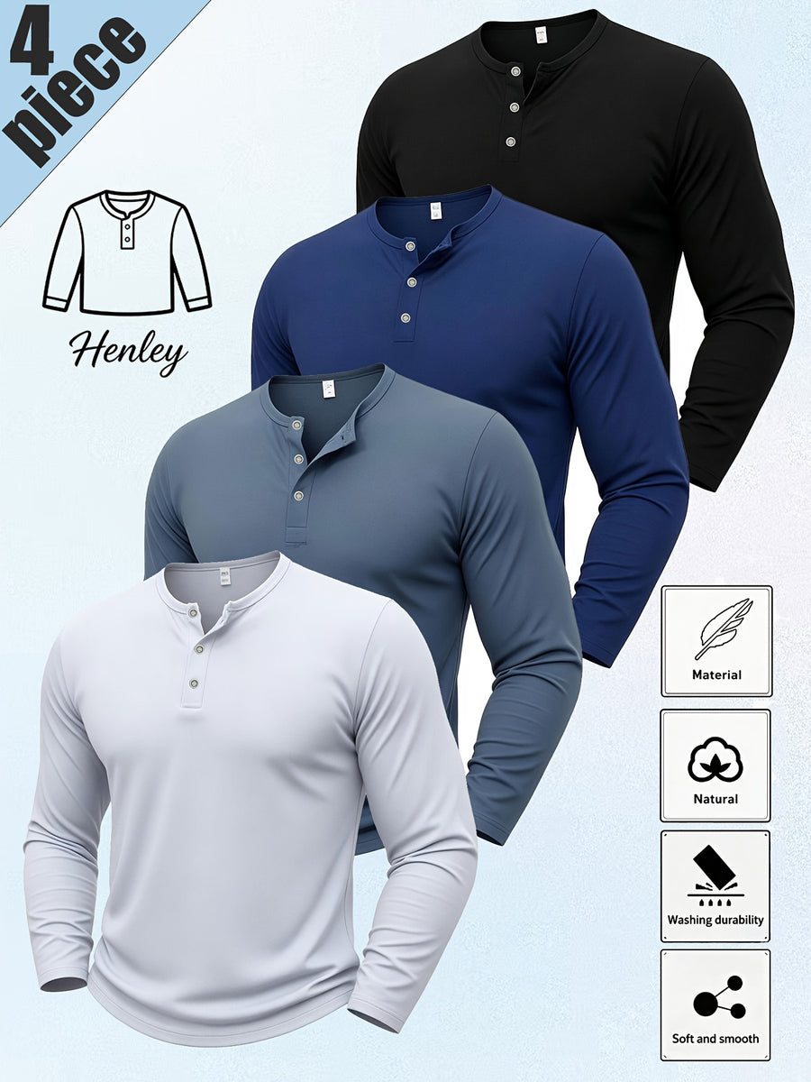 4pcs Set of Men'S Solid Color Henley Long-Sleeve T-Shirts, Classic Three-Button Collar Design, Slim Fit, Basic Tops, Soft Natural Breathable Fabric, Durable, Casual Everyday Layerable T-Shirts, Versatile Men'S Autumn Basic Shirts - Black+White+Gray+Navy