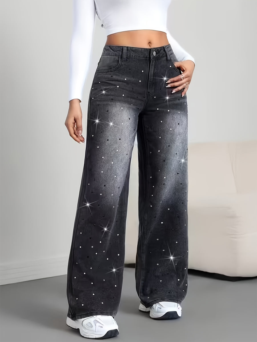 Embellished Elastic Straight Fit Women's Jeans - Dark Gray
