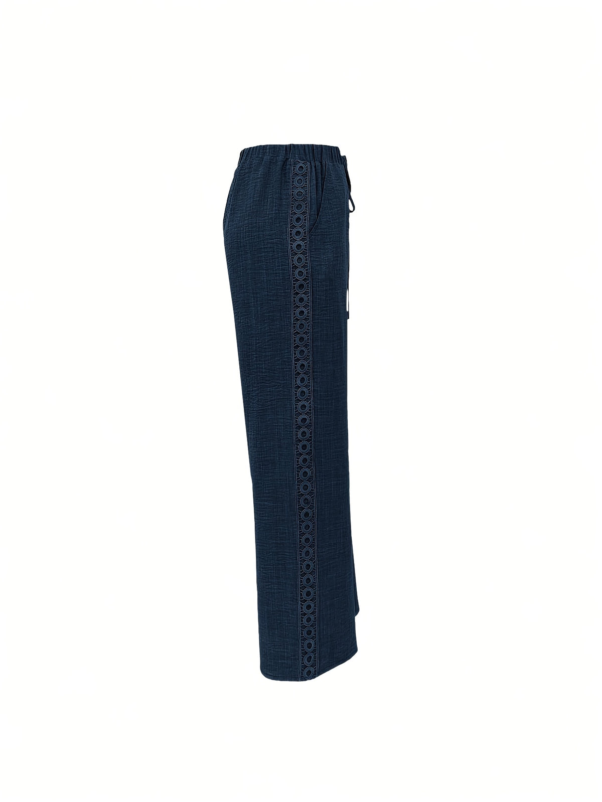 Women'S Solid Color Long Pants, Side Seam Lace Trim, Casual Wear, Loose Trousers - Navy Color