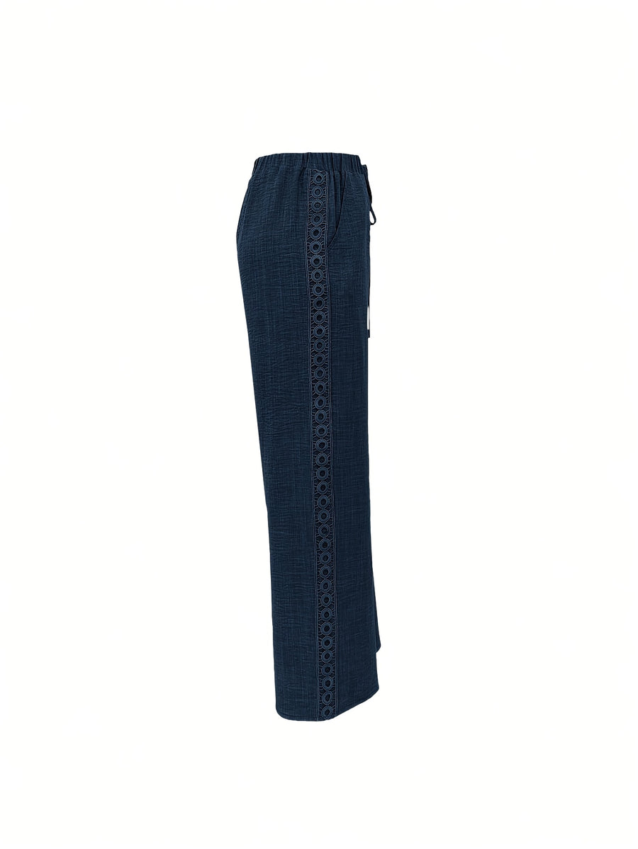Women'S Solid Color Long Pants, Side Seam Lace Trim, Casual Wear, Loose Trousers - Navy Color