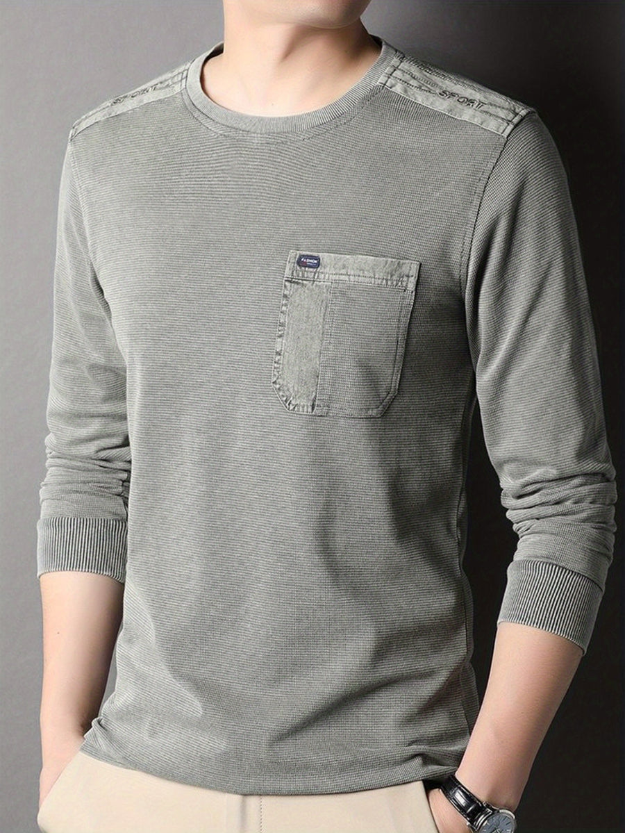 Men'S Distressed Waffle Long Sleeve Round Neck Top, Shoulder Patchwork And Pocket Design, Retro Casual Style - Light Green