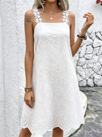 French Hollow Embroidery Square-Neck Sleeveless Dress, with Lace Shoulder Strap Design, Loose A-Line Vacation Midi Dress, Niannian Women'S Wear - White