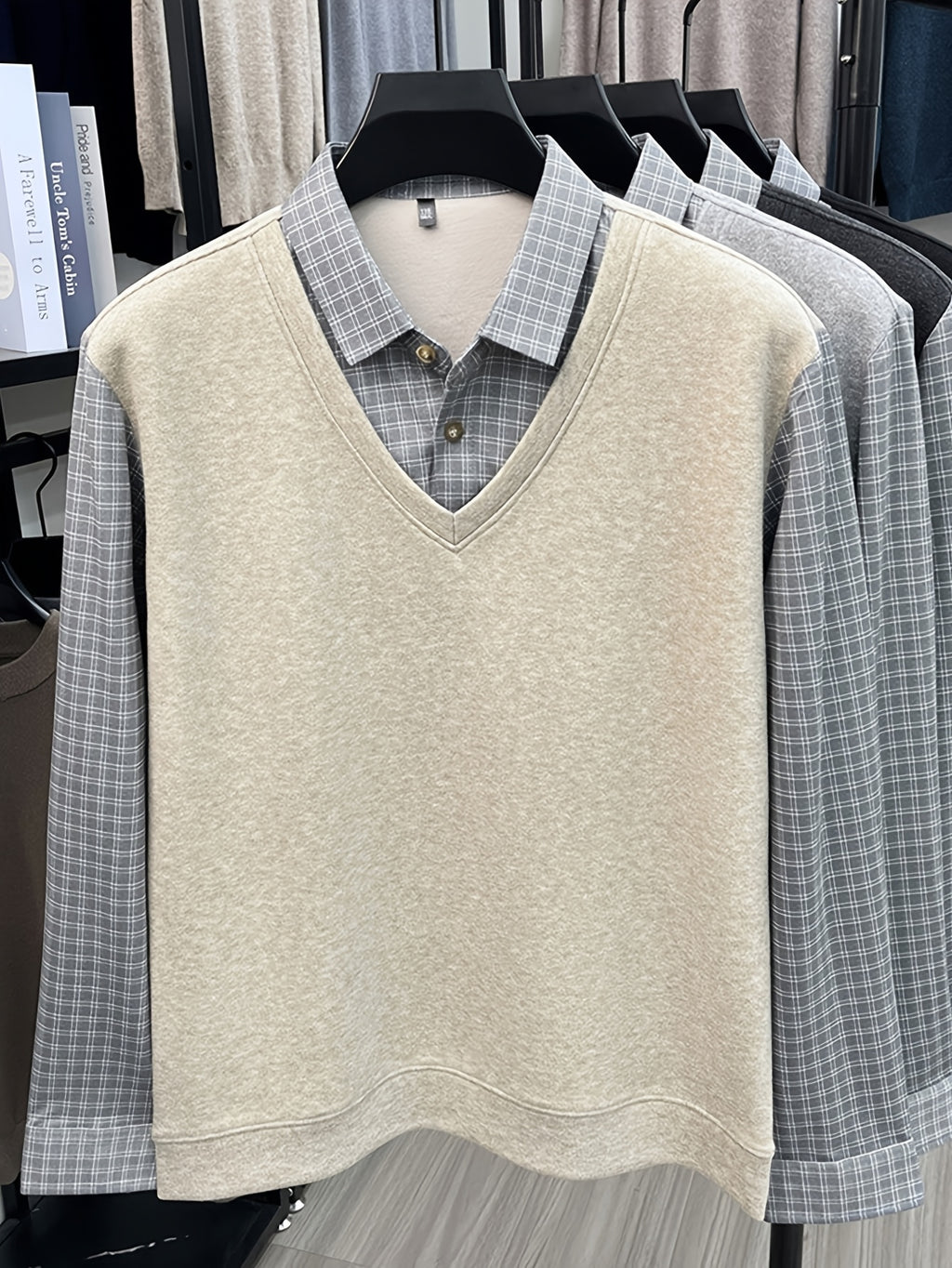 Men'S Plaid Shirt Collar Faux Two-Piece Knit Long Sleeve, Business Casual Fit for Most Body Types, Suitable for Single Wear Or Layering - SINBOS - Oatmeal Apricot