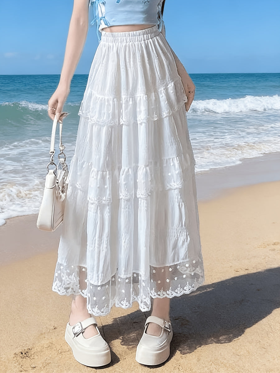White Lace Trim Cake Skirt High-Waist French-Style A-Line Skirt Long Skirt New Spring/Summer Collection - White