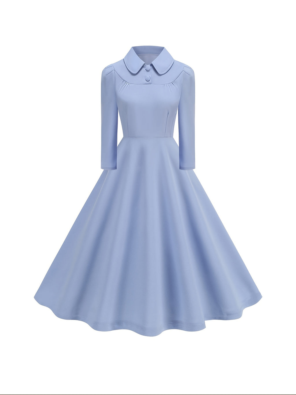 Collared Button Waist-Cinching Slim Fit Vintage Style 50S Elegant Long Sleeve Dress - Sky Blue