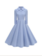 Collared Button Waist-Cinching Slim Fit Vintage Style 50S Elegant Long Sleeve Dress - Sky Blue