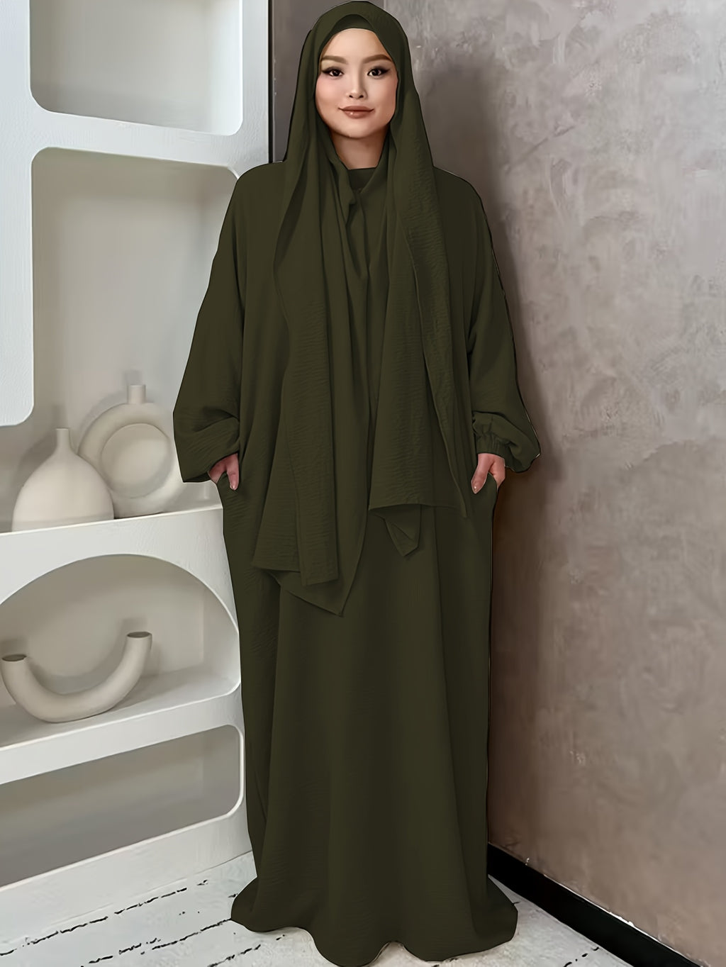 1pc And Abaya One-Piece Dress, Prayer Jilbab Fashionable, Elegant And Casual Solid-Colored Puff Sleeve Suitable for Daily Wear. Loose And Comfortable Women'S Abaya Robe - Olive Green