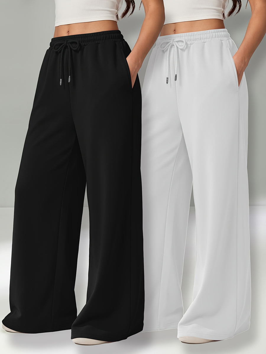 Autumn and Winter High-Waisted Casual Versatile Pants, Elastic Waist Loose Wide-Leg Pants 2pcs Set - Black+White