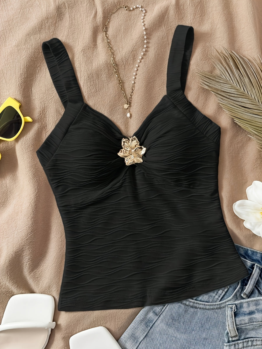 Women'S Pure Innocent Style Wavy Texture Cami Top, Summer New Metallic Floral V-Neck Slim Short Inner Top - Black