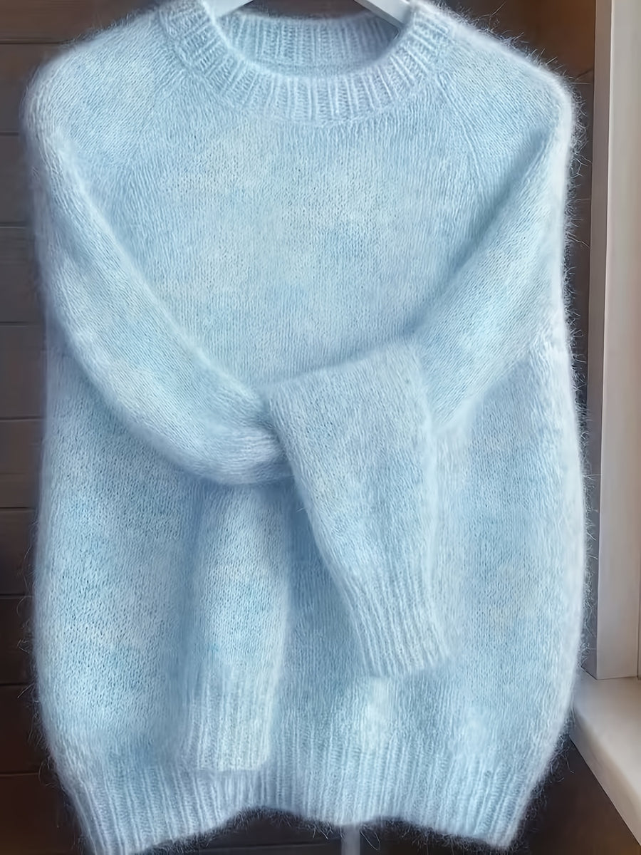 French-style Round-neck Sweater, Soft and Cozy, Elegant Design, Perfect for Spring and Autumn Commuting and Outings - Sky Blue