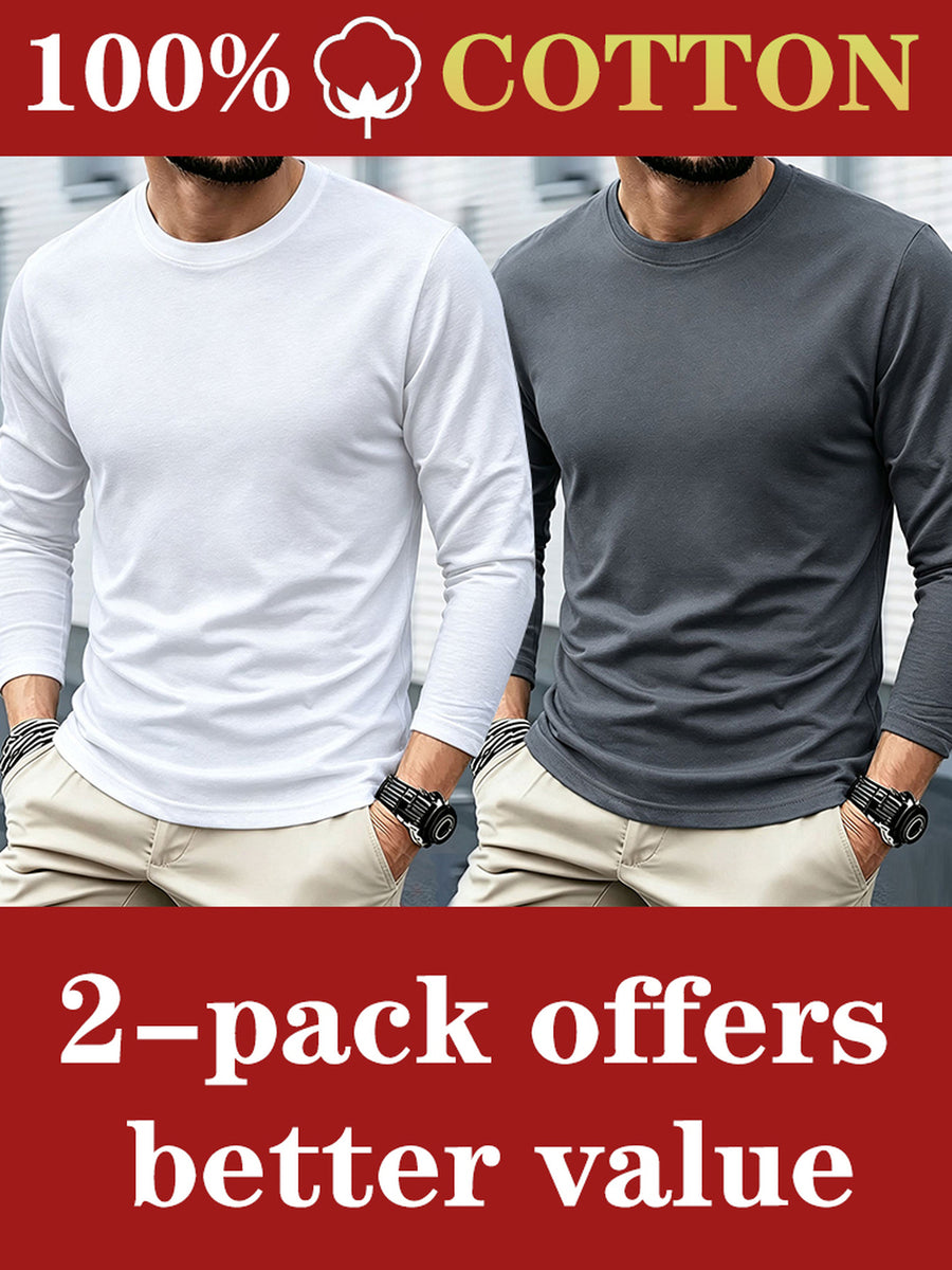 2pcs - 100% Men's Long Sleeve T-Shirt, Fabric, Comfortable and Breathable, Suitable for All Seasons, Essential for Casual Outings, Machine Washable - Combination Color 4