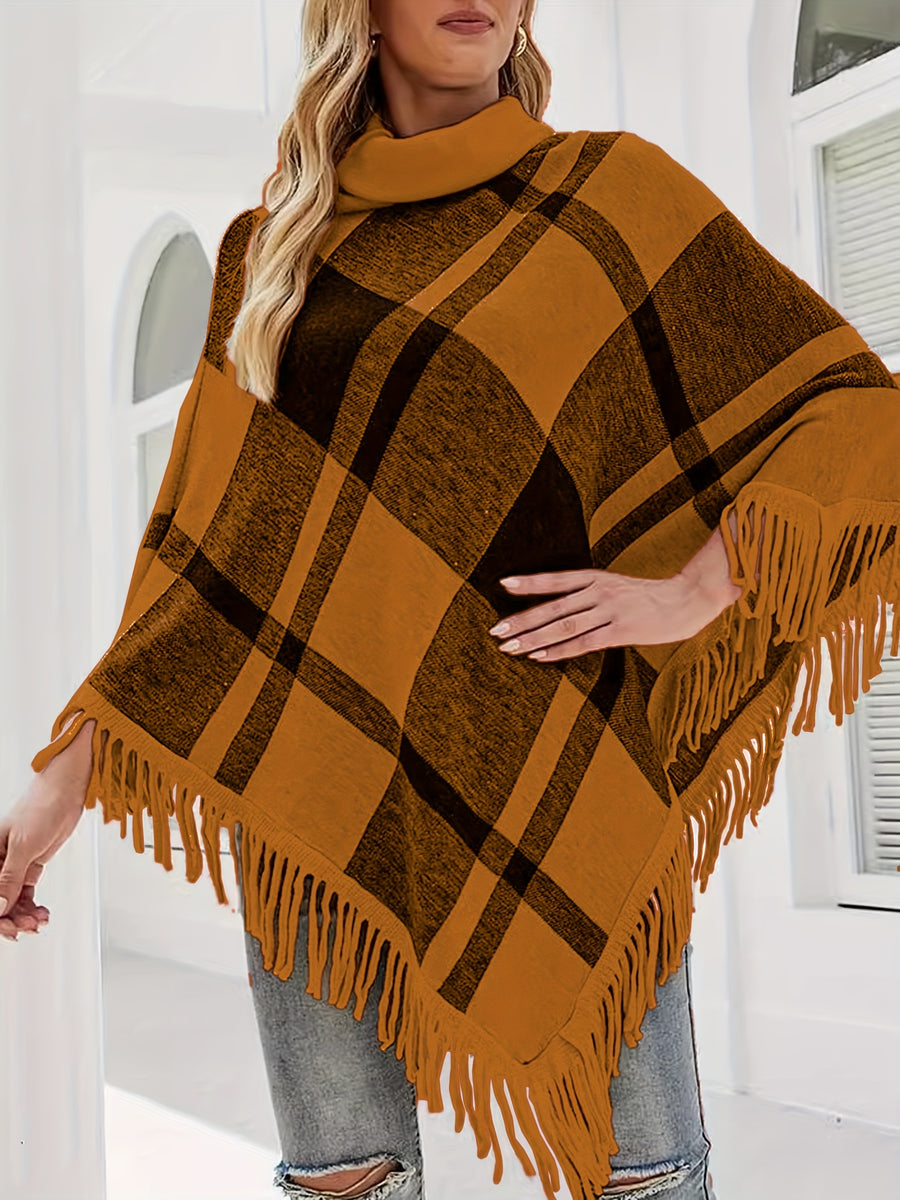 Spring/Autumn New Plaid Color-Block Fringe Shawl Women's High-Neck Irregular Pullover Sweater - Camel