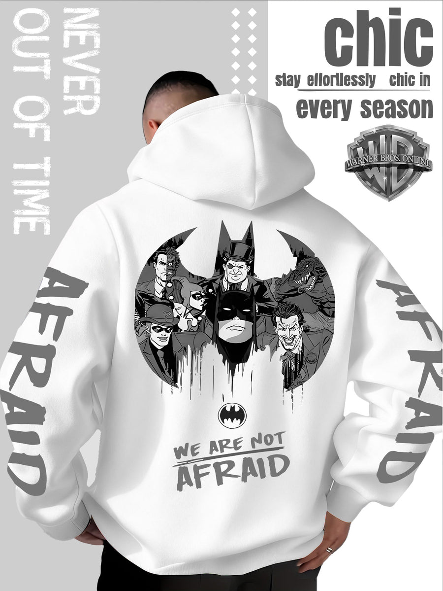 Men'S Hooded Sweatshirt Superhero Villain Group Black And White Comic Print, Batman Good And Evil Characters Gathered Design, Themed English Slogans And Rich Visuals, Dual Sleeves with Eye-Catching Graffiti Art Font - White