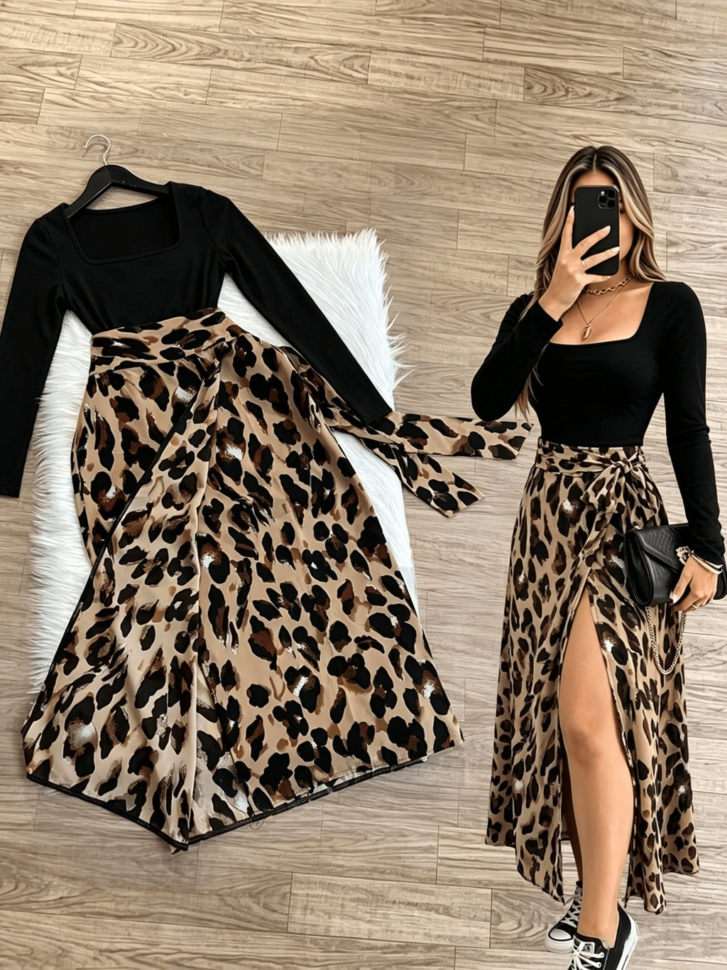 High-Waist Slit Leopard Print Long Skirt And Long Sleeve Fitted Square Neck T-Shirt 2pcs Set, Party Casual Outing Commute, Back to - Mixed colors