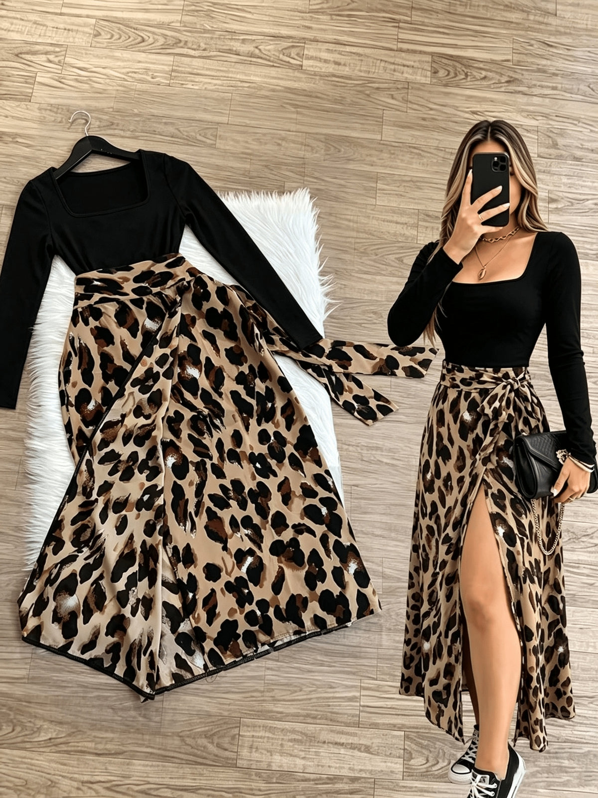 High-Waist Slit Leopard Print Long Skirt And Long Sleeve Fitted Square Neck T-Shirt 2pcs Set, Party Casual Outing Commute, Back to - Mixed colors
