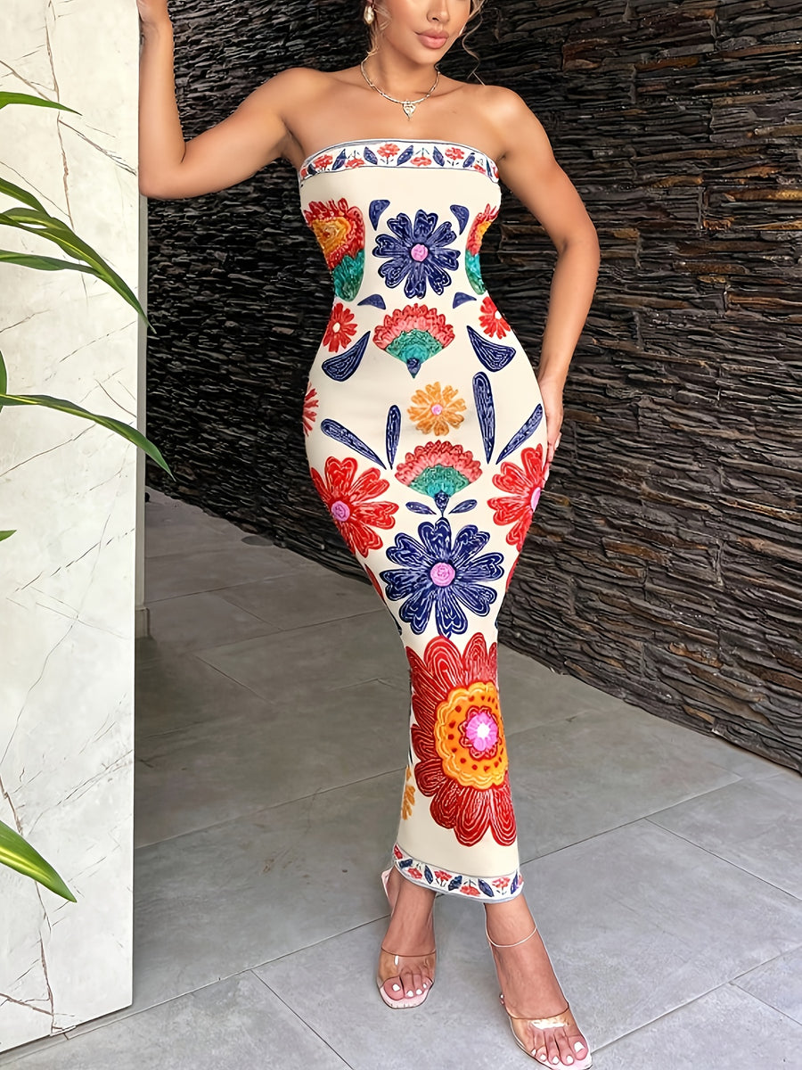 Women'S Fashion Apparel Exquisite Holiday Beach Party Attire Women'S Elegant Floral Print Off-The-Shoulder Strapless Tailored Waist-Cinched Bodycon Dress Bridesmaid Dress Women'S - Off-white