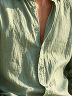Single Piece Summer Men's Cotton and Cotton And Linen Blend Long Sleeved Shirt, 26 Year Fashionable and Simple Style, Loose Fit, Button up Cardigan Versatile Design, Soft and Breathable Fabric, Preferred for Daily Leisure Commuting - fern green