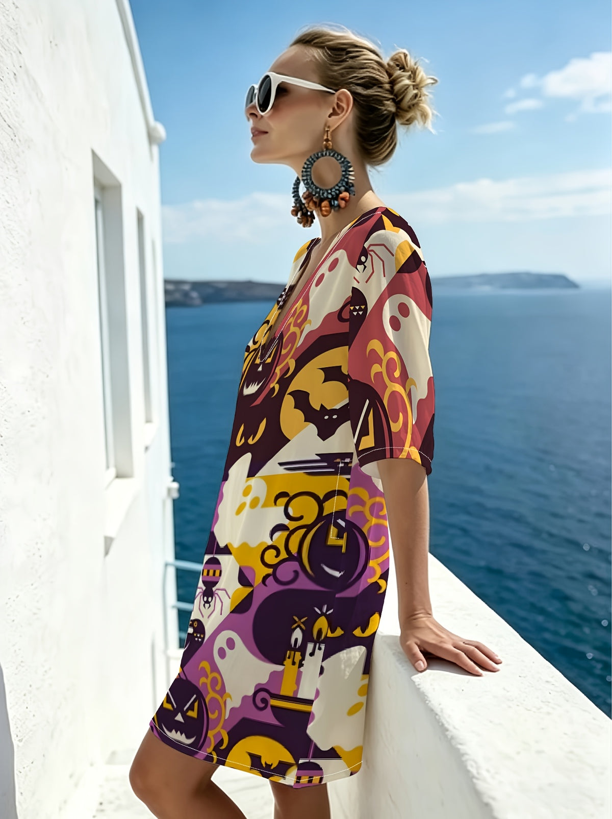 Geometric Color-block Halloween-themed Print V-neck Dress, Featuring Playful Patterns of Crows, Ghosts, and Bats. Loose Fit with Dropped Shoulders and Short Sleeves for a Relaxed, Laid-back Look. Rich Color Layering Makes It a Standout for Festive - Mixed colors