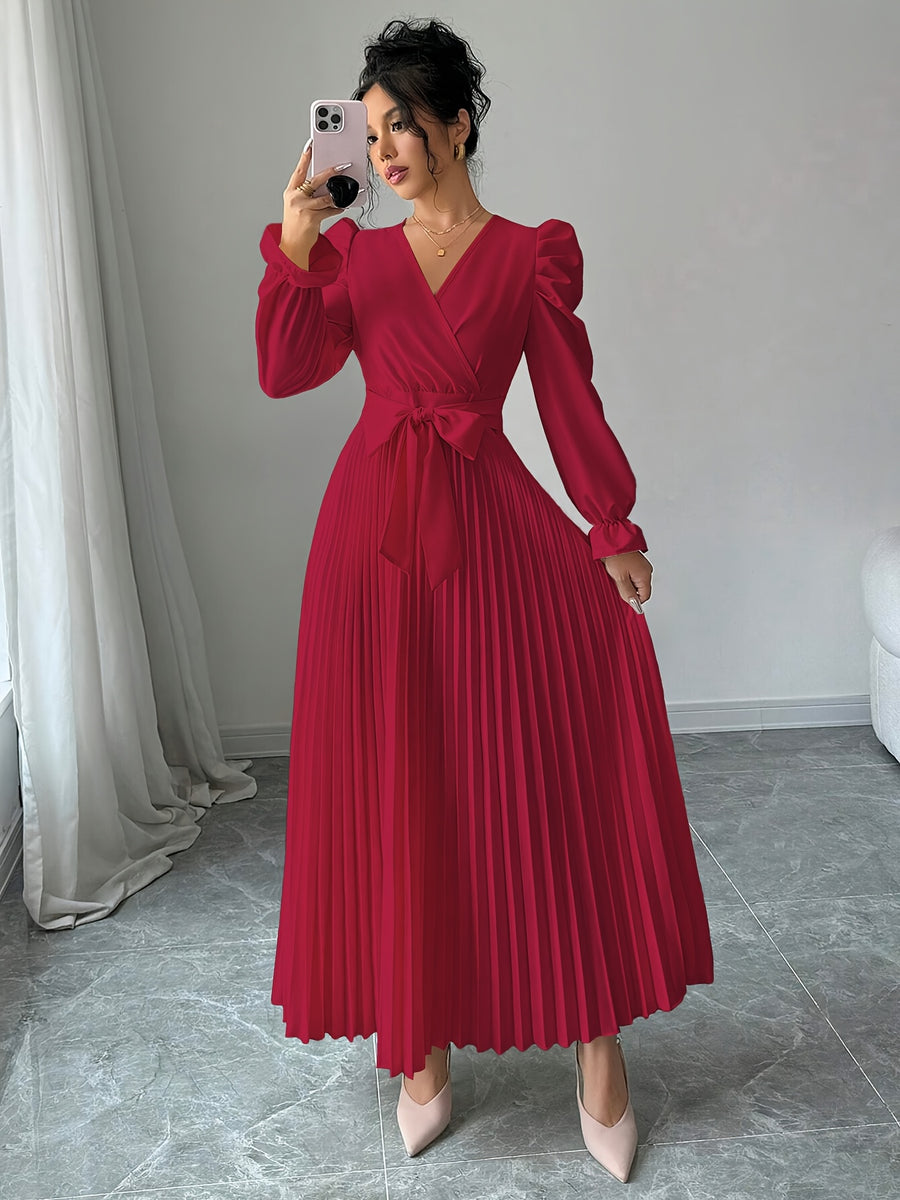 Hot Spring/Summer Elegant Cross V-Neck Flared Pleated Maxi Skirt for Women - Red