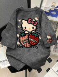 2026 New Summer Trendy Sanrio Fun Hello Kitty and Strawberry Letter Print Tie-Dye Short Sleeve T-Shirt for Women, Loose Fit Boyfriend Style Casual Versatile Top - Deep Grey