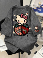 2026 New Summer Trendy Sanrio Fun Hello Kitty and Strawberry Letter Print Tie-Dye Short Sleeve T-Shirt for Women, Loose Fit Boyfriend Style Casual Versatile Top - Deep Grey