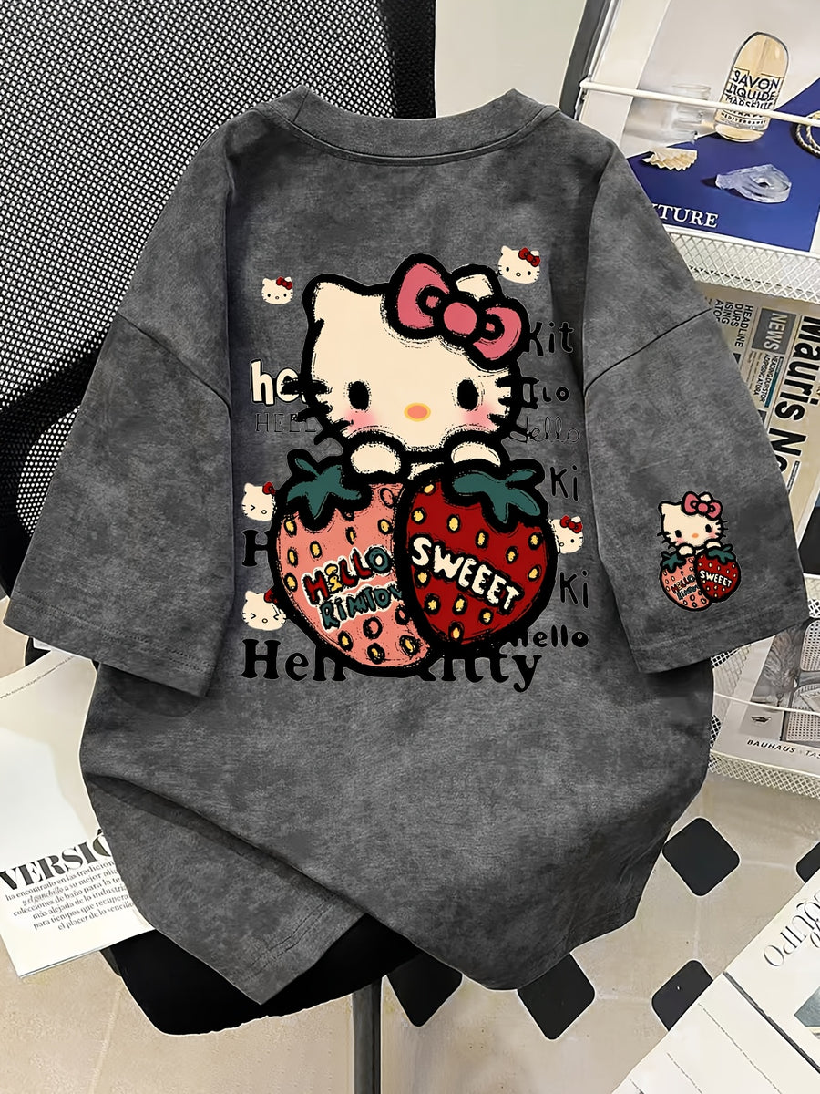 2026 New Summer Trendy Sanrio Fun Hello Kitty and Strawberry Letter Print Tie-Dye Short Sleeve T-Shirt for Women, Loose Fit Boyfriend Style Casual Versatile Top - Deep Grey