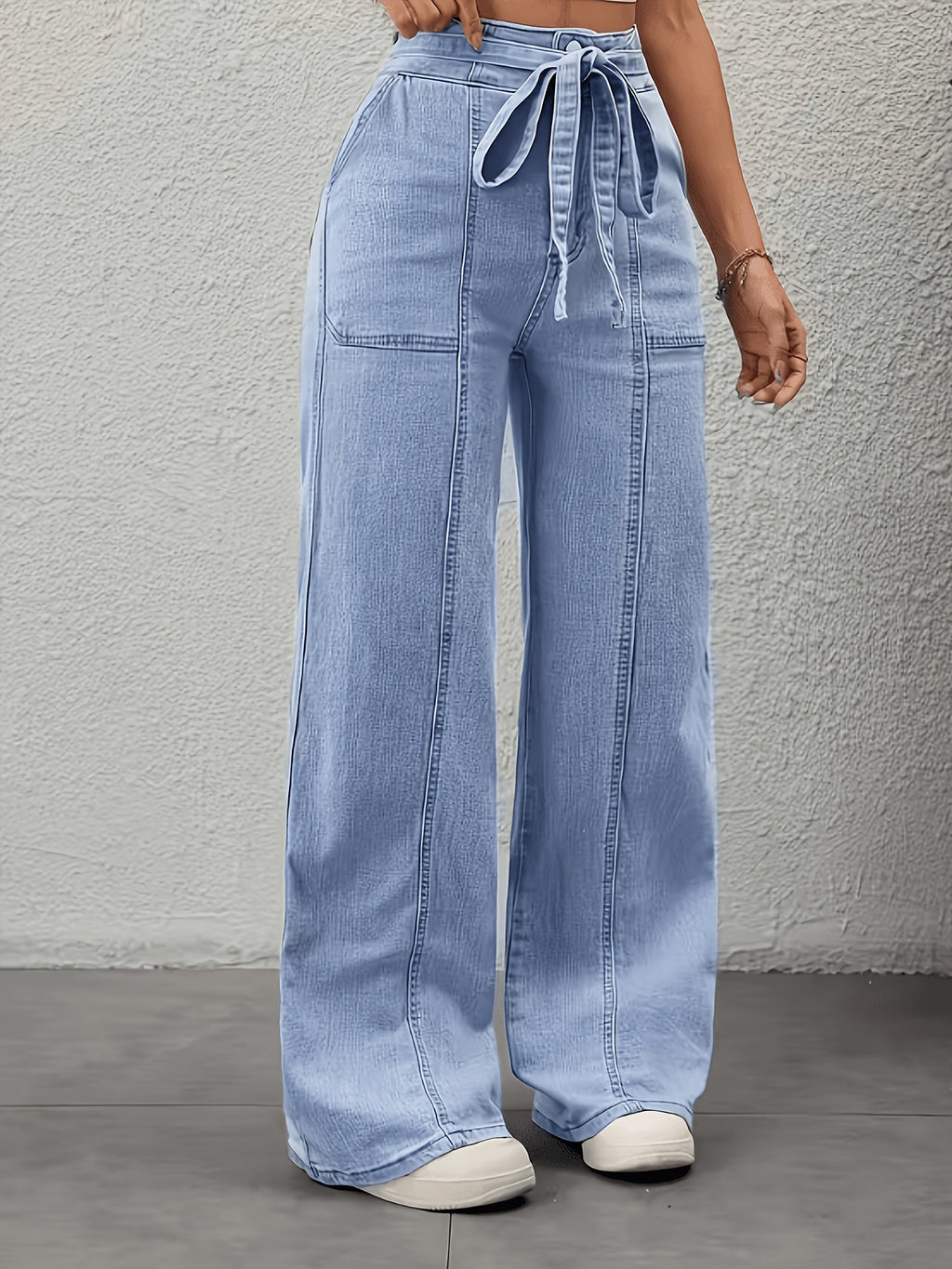 Women'S Stretch Loose Light Blue Wide-Leg Jeans with Bow Detail Belt - Relaxed Fit Denim Trousers for Spring/Autumn, Casual Fashion Machine Washable Jeans, Durable Fabric, Street Style - Light Blue