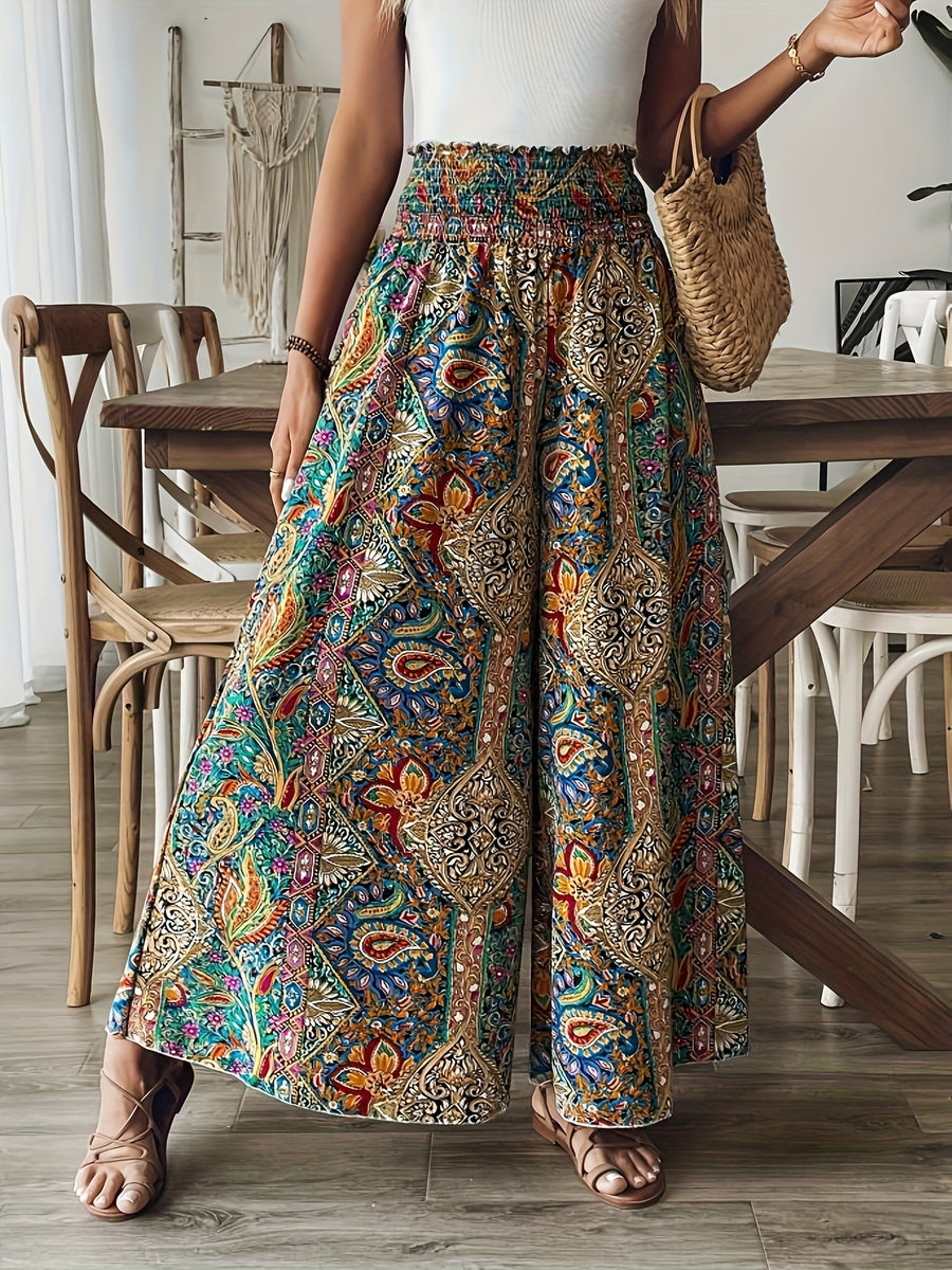 Women's Paisley Print High-Waisted Wide-Leg Pants, Elegant Non-Stretch Fabric + Dense Hem Gathering Craftsmanship, Loose Fit for Spring, Summer, and Autumn, Paisley Print Wide-Leg Pants with Hip-Covering Effect, Ideal for Vacation Photoshoots - Khaki